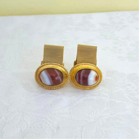 Vintage 70s DANTE Oval Banded Agate Cufflinks Cabochon Gold Tone Cuff Links - Picture 3 of 9